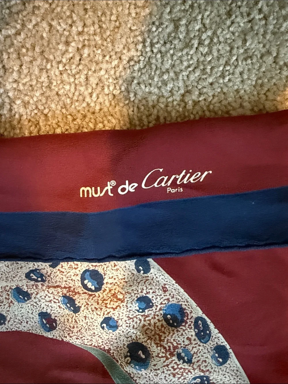 Cartier Red and Navy Silk Scarf with Leopard Ring Motif
